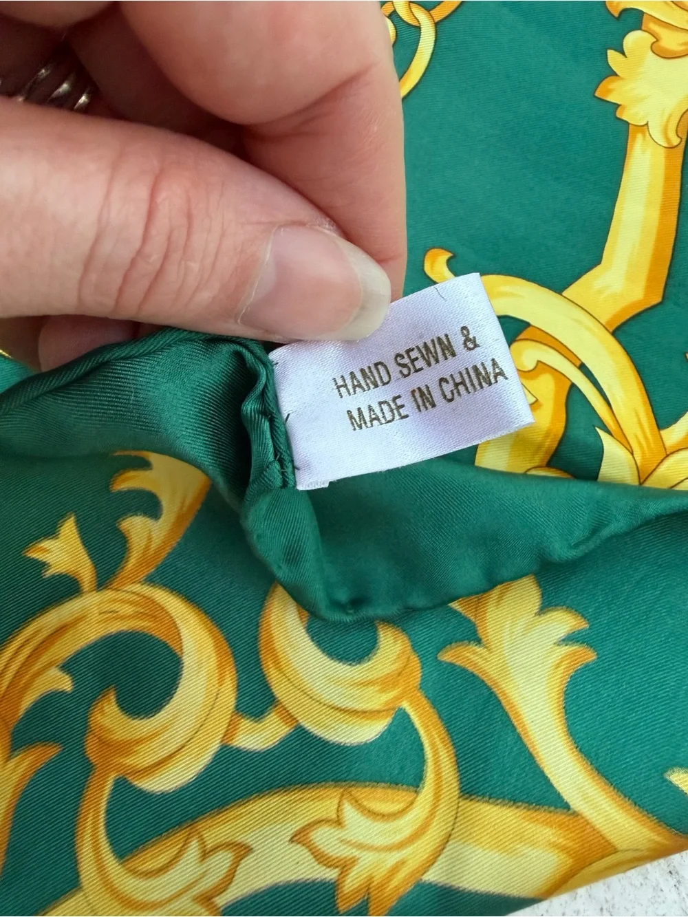 Fabergé 100% Silk Scarf 32” Green Gold Baroque Chain Print Hand Sewn